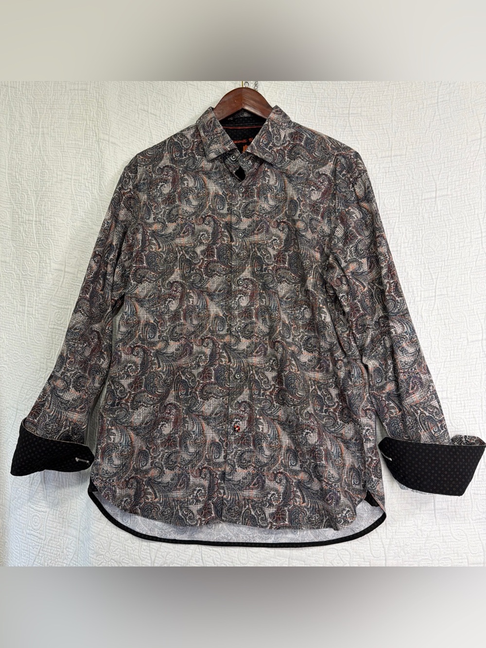 Visconti Black Shirt Mens Large Paisley Turn Cuff Cotton Casual Colorful Classic